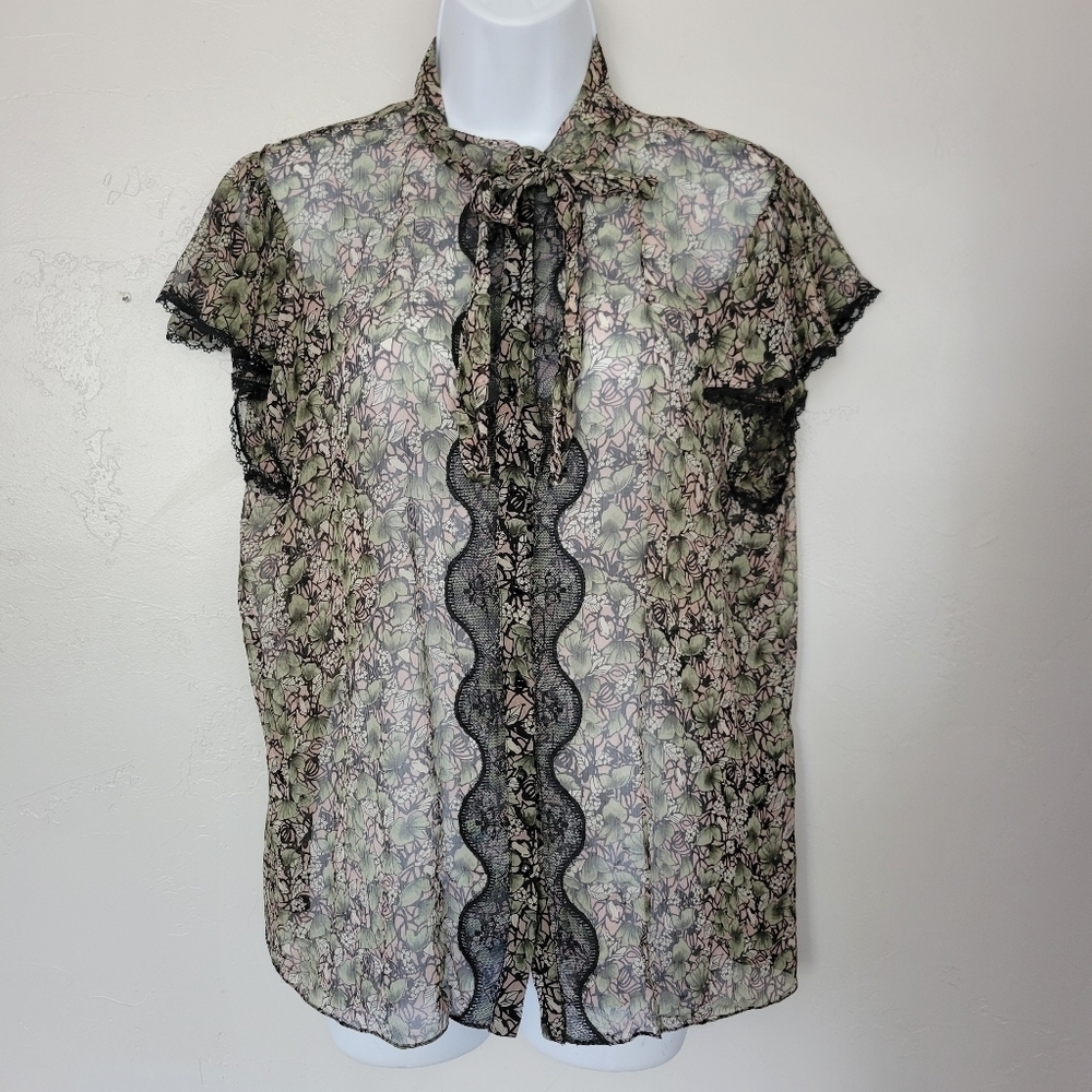 Elie Tahari Women's Large 100% Silk Short Sleeve Button Up Blouse Green Black